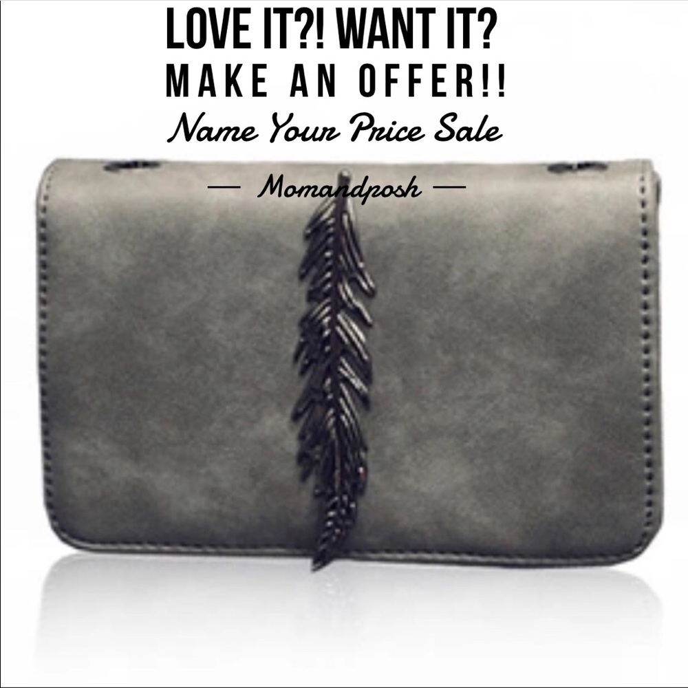 LAST Gray Leather Feather detail messenger clutch - Picture 1 of 8